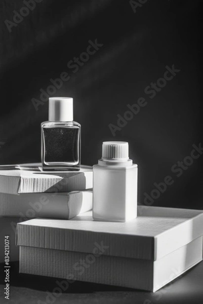 Fototapeta A bottle of ink sits on top of a stack of books, waiting to be used for writing or art