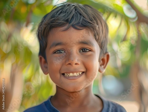 Fototapeta A happy young child with a bright smile looking directly at the camera