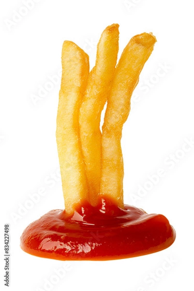 Fototapeta Three golden brown french fries dipped into a dollop of red ketchup isolated on transparent or white background, png