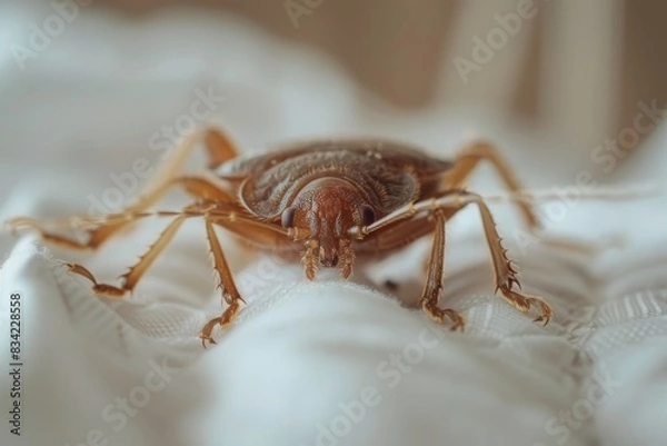 Fototapeta Generative AI, Up Close and Creepy, The Bloodsucking Bed Bug Infestation Unveiled on a White Sheet 