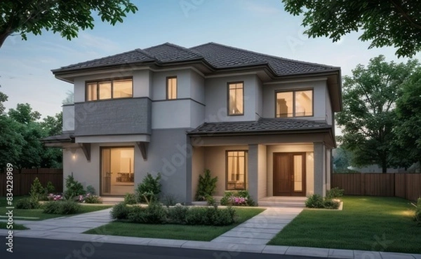 Fototapeta A Contemporary Dwelling with Stylish Architecture, Beautiful Exterior Design, and a Serene Garden Setting. Perfect Family Home in a Residential Neighborhood, Featuring Thoughtful Construction	