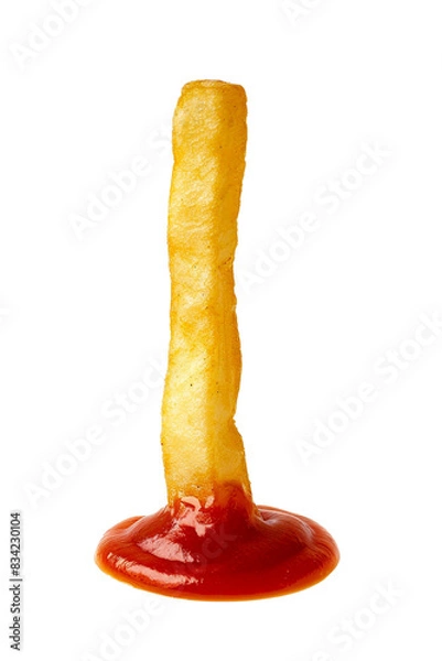 Fototapeta A single french fry dipped in red ketchup isolated on transparent or white background, png