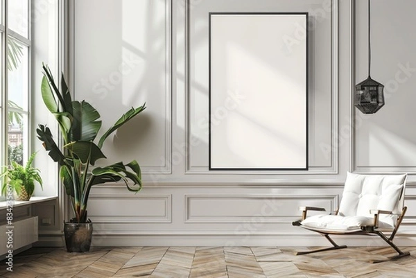 Fototapeta Empty wooden frame mock up on a white wall with a modern chair, plant and window from left. Scandinavian home minimalist interior design concept for design and print