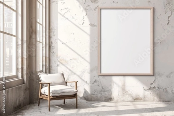Fototapeta Empty wooden frame mock up on a white wall with a modern chair and window from left. Scandinavian home minimalist interior design concept for design and print