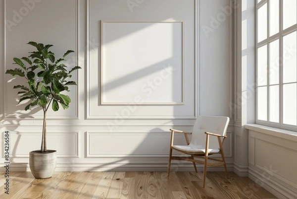 Fototapeta Empty wooden frame mock up on a white wall with a modern chair, plant and window from right. Scandinavian home minimalist interior design concept for design and print