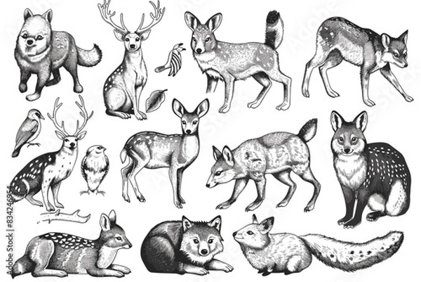 Obraz vector world wild animals, mammals, fish, reptiles, and birds. Rare animals. Funny flat characters, good for banners, prints, patterns, infographics, children's book illustrations etc generated ai