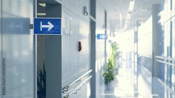 Fototapeta Healthcare building signage close-up, sharp focus on informational signs, no humans, bright noon light, clear direction. 