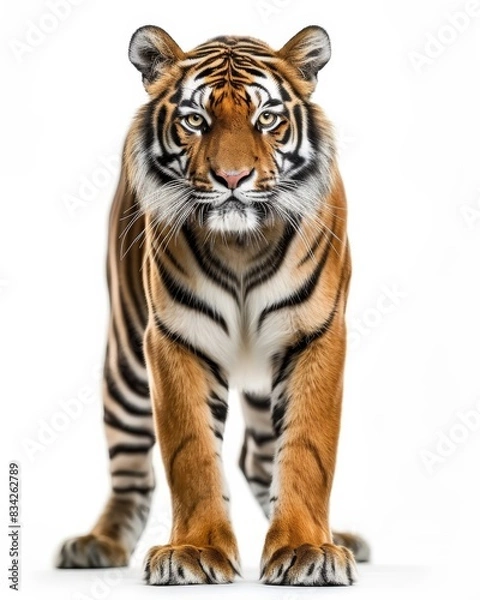 Fototapeta the Indochinese Tiger, portrait view, white copy space on right Isolated on white background