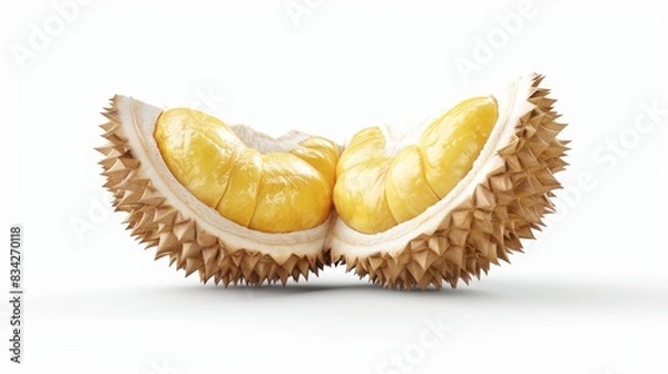 Fototapeta High-quality image of a durian cut open, showing its creamy interior, against a white background