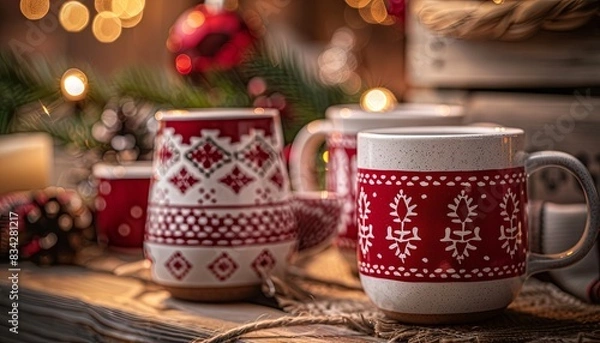 Obraz A collection of red and white mugs with Christmas designs