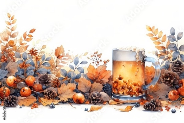 Obraz Oktoberfest with beer in glass, autumn leaves in brown background, banner background for oktoberfest party festival