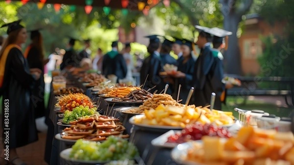 Fototapeta graduation party with a junk food bar, students in caps and gowns, colorful snacks, celebration vibes, Generated with AI