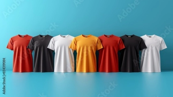 Fototapeta A row of colorful casual T-shirts including red, black, yellow, and white colors neatly arranged against a vibrant turquoise blue background