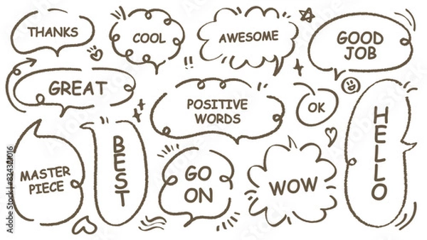 Fototapeta Comic style cute quote speech bubble with positive words. Set of hand drawn memo frame vector. Cartoon doodle crayon drawing cloud, box, message. Flat vector. Best, Awesome, WOW, Master, Piece, Go