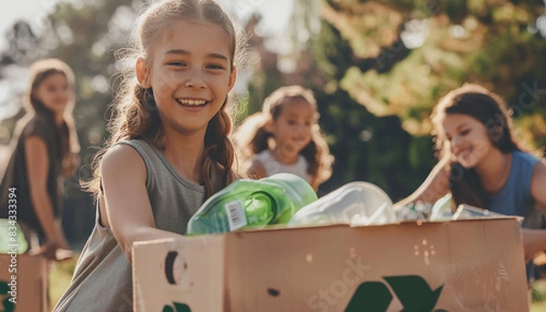 Obraz Two girls with recycling bin, global warming