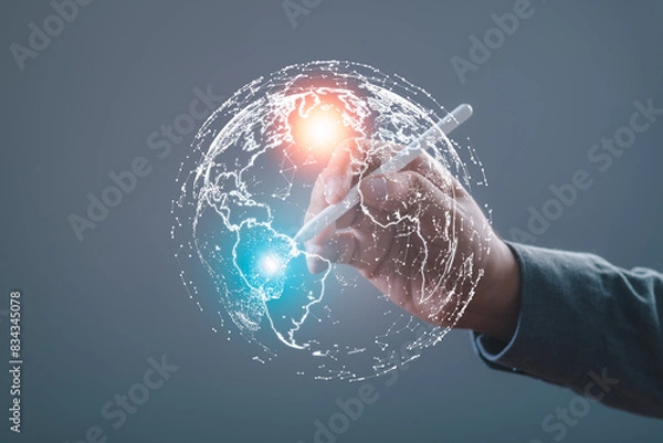 Fototapeta Connection to the world network. Big data analytics and business intelligence. Global business point and line composition concept on a world map. The Metaverse technology of digital links.	
