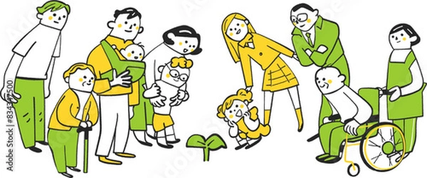 Obraz 若い芽を取り囲む様々な年齢や境遇の人々　イラスト素材
