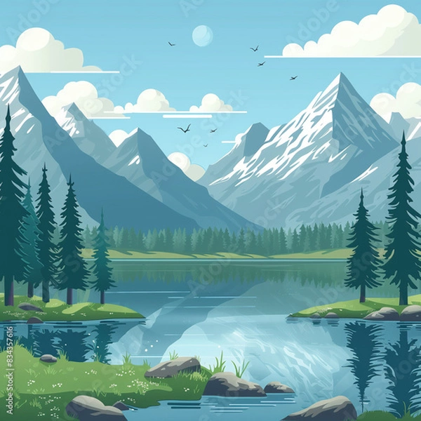 Fototapeta Cartoon forest with mountains lake
