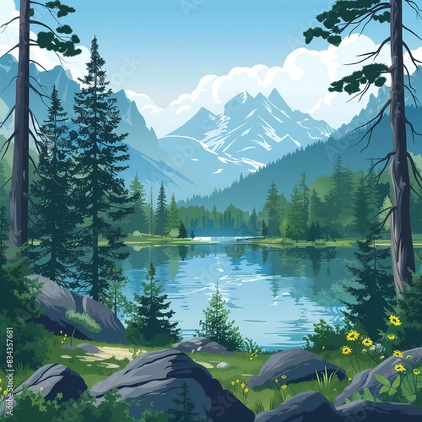 Fototapeta Cartoon forest with mountains lake