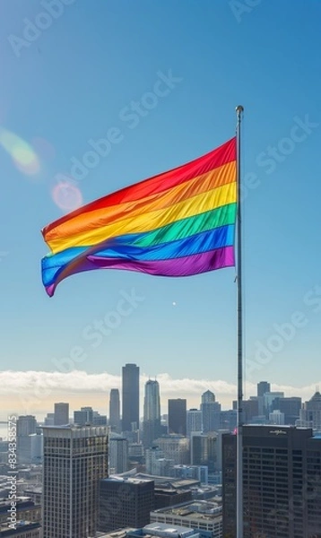 Fototapeta Pride flags fly over the city skyline. It is a symbol of visibility and pride for the LGBTQ+ community.