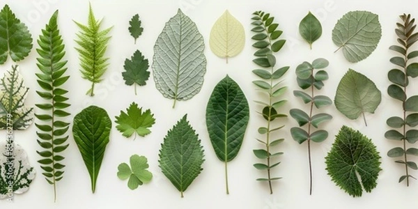 Fototapeta Herbaceous plant leaves arranged in a captivating array of textures against plain white background