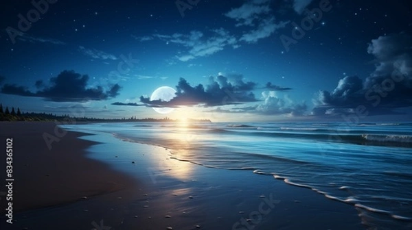 Obraz Peaceful Beach at Dusk with Ocean Waves and Calm Waters under a Starry Sky