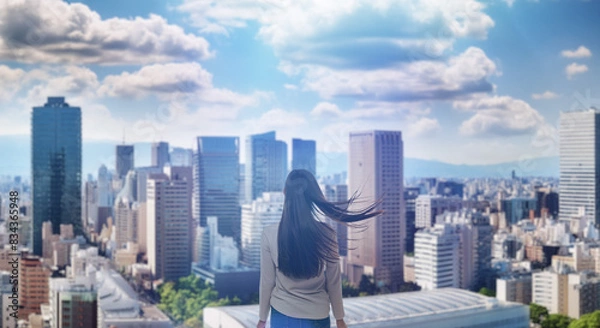 Fototapeta 日本の街・都市・朝日を受けたオフィスビル群を前に佇み風を受けて髪をなびかせる会社員の女性の出勤　ビジネス・はじまり・決意・目標・挑戦のイメージ