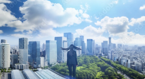 Fototapeta 日本の街・都市・朝日を受けたオフィスビル群を前に佇み風を受けて髪をなびかせる会社員の女性の出勤　ビジネス・はじまり・決意・目標・挑戦のイメージ