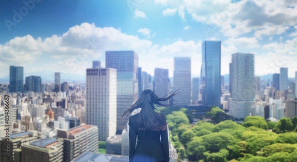 Fototapeta 日本の街・都市・朝日を受けたオフィスビル群を前に佇み風を受けて髪をなびかせる会社員の女性の出勤　ビジネス・はじまり・決意・目標・挑戦のイメージ