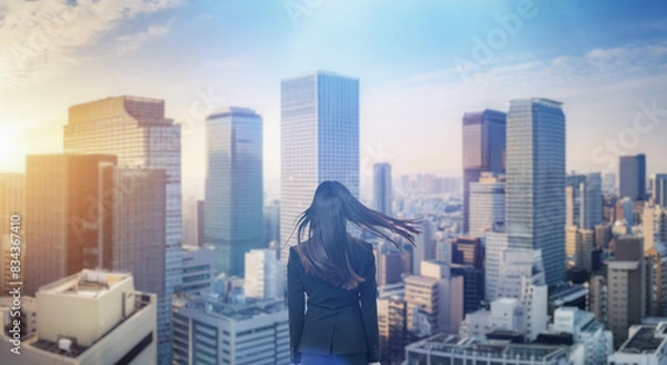 Fototapeta 日本の街・都市・朝日を受けたオフィスビル群を前に佇み風を受けて髪をなびかせる会社員の女性の出勤　就職・ビジネス・はじまり・決意・目標・挑戦のイメージ