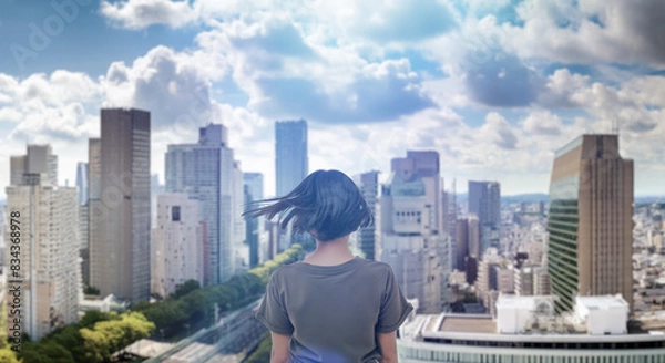 Fototapeta 日本の街・都市・朝日を受けたオフィスビル群を前に佇み風を受けて髪をなびかせる会社員の女性の出勤　就職・ビジネス・はじまり・決意・目標・挑戦のイメージ