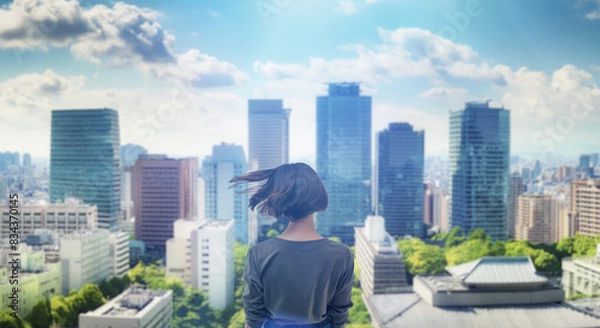 Fototapeta 日本の街・都市・朝日を受けたオフィスビル群を前に佇み風を受けて髪をなびかせる会社員の女性の出勤　就職・ビジネス・はじまり・決意・目標・挑戦のイメージ