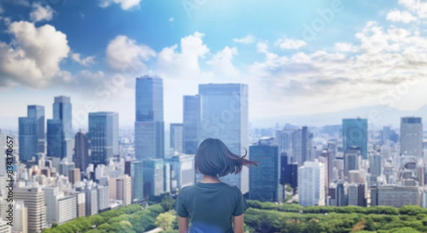 Fototapeta 日本の街・都市・朝日を受けたオフィスビル群を前に佇み風を受けて髪をなびかせる会社員の女性の出勤　就職・ビジネス・はじまり・決意・目標・挑戦のイメージ