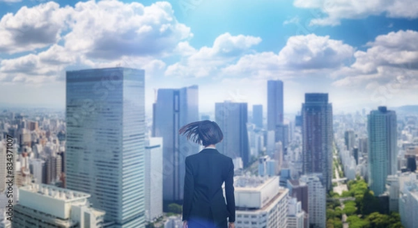 Fototapeta 日本の街・都市・朝日を受けたオフィスビル群を前に佇み風を受けて髪をなびかせる会社員の女性の出勤　就職・ビジネス・はじまり・決意・目標・挑戦のイメージ