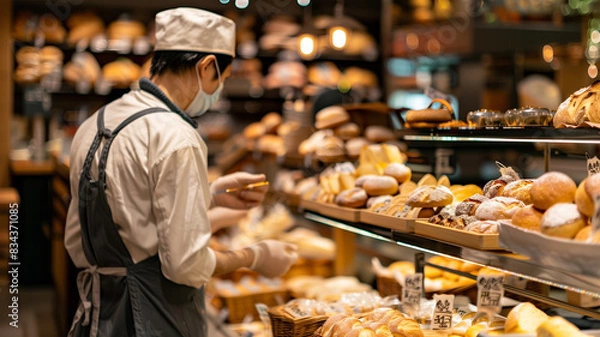 Fototapeta 日本のスーパーマーケットのベーカリーコーナーとパン職人