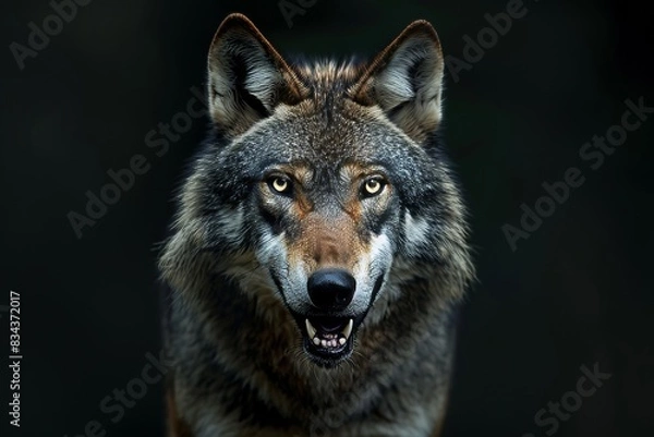 Fototapeta Mystic portrait of Gray Wolf in studio, copy space on right side, Anger, Menacing, Headshot, Close-up View Isolated on black background