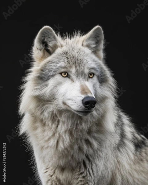 Fototapeta the Gray Wolf, portrait view, white copy space on right Isolated on black background