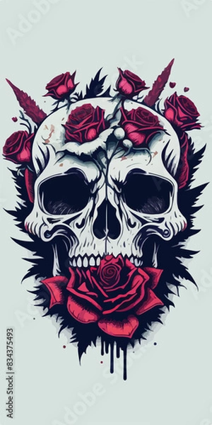Fototapeta Vivid red roses contrast with an ancient skull amidst vibrant flowers, a reminder of life's transience.