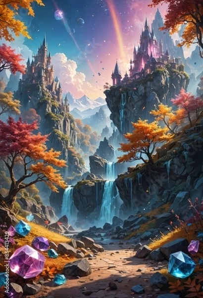 Obraz Fantasy Mountaintop Castle with Waterfall and Jewels