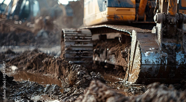 Fototapeta Excavator working at construction site with dirt and debris. visible wear marks, industrial work environment, excavator action, construction project, earthy tones, industrial scene, excavator action