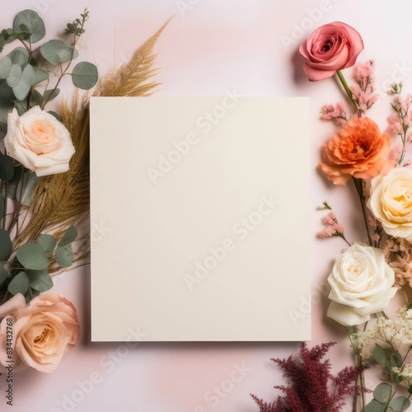 Fototapeta  wedding signage mockup with no text for Etsy with flowers in background, bright, minimal