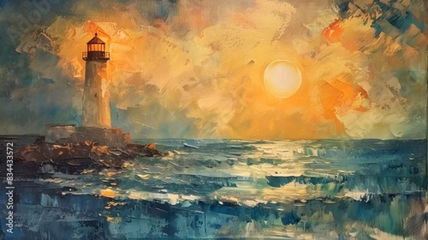 Fototapeta Beacon of Serenity: Oil Painting of a Lighthouse Against Wavy Ocean Waters During Sunset, Capturing the Tranquil Beauty and Dynamic Power of the Sea