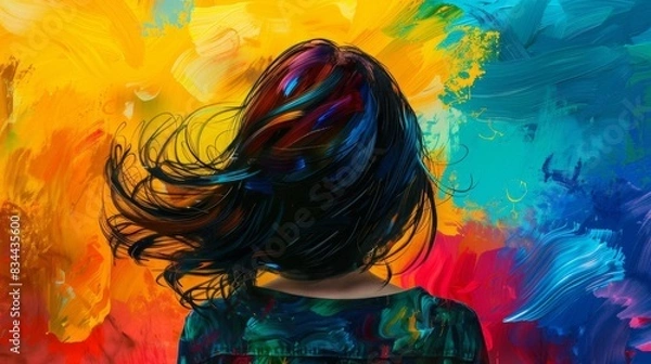 Fototapeta Vibrant abstract painting of a woman with colorful background, featuring rich hues and dynamic brushstrokes.
