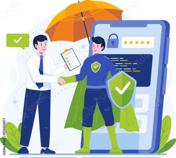 Fototapeta Cyber Crime Insurance Illustration. A Man Makes a Deal with an Insurance Agent to Safeguard Digital Data and Information Against Cybercrime Risks