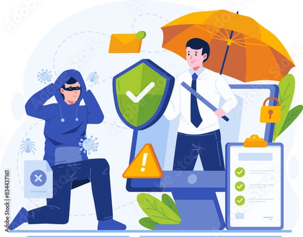 Fototapeta Cyber Insurance Illustration. A Male Insurance Agent Protects Data Information Against Cybercrime Risks From a Hacker