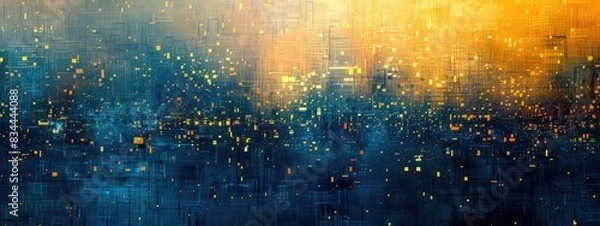 Fototapeta Abstract Digital Art with Yellow and Blue Geometric Patterns and Glowing Lights