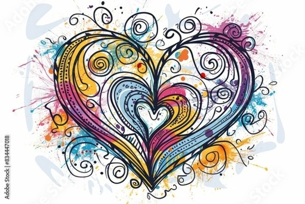 Fototapeta Cartoon cute doodles of a wireframe heart with colorful doodles and swirls inside, Generative AI