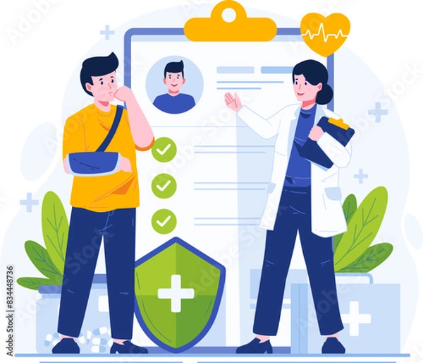 Fototapeta A Female Doctor Explains List Insurance Coverage on a Huge Clipboard to an Injured Man With a Hand Bandage. Health Insurance Concept Illustration
