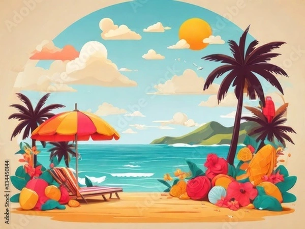 Fototapeta summer vibes, cool and holiday mode, with palm trees and ocean vibes, background design