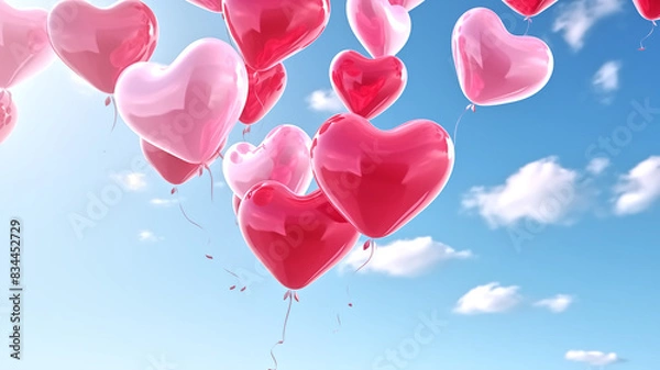 Fototapeta Heart-shaped balloons floating in the sky with clouds. Outdoor photography. Valentine's Day and romance concept. Design for poster, print, and greeting card.
